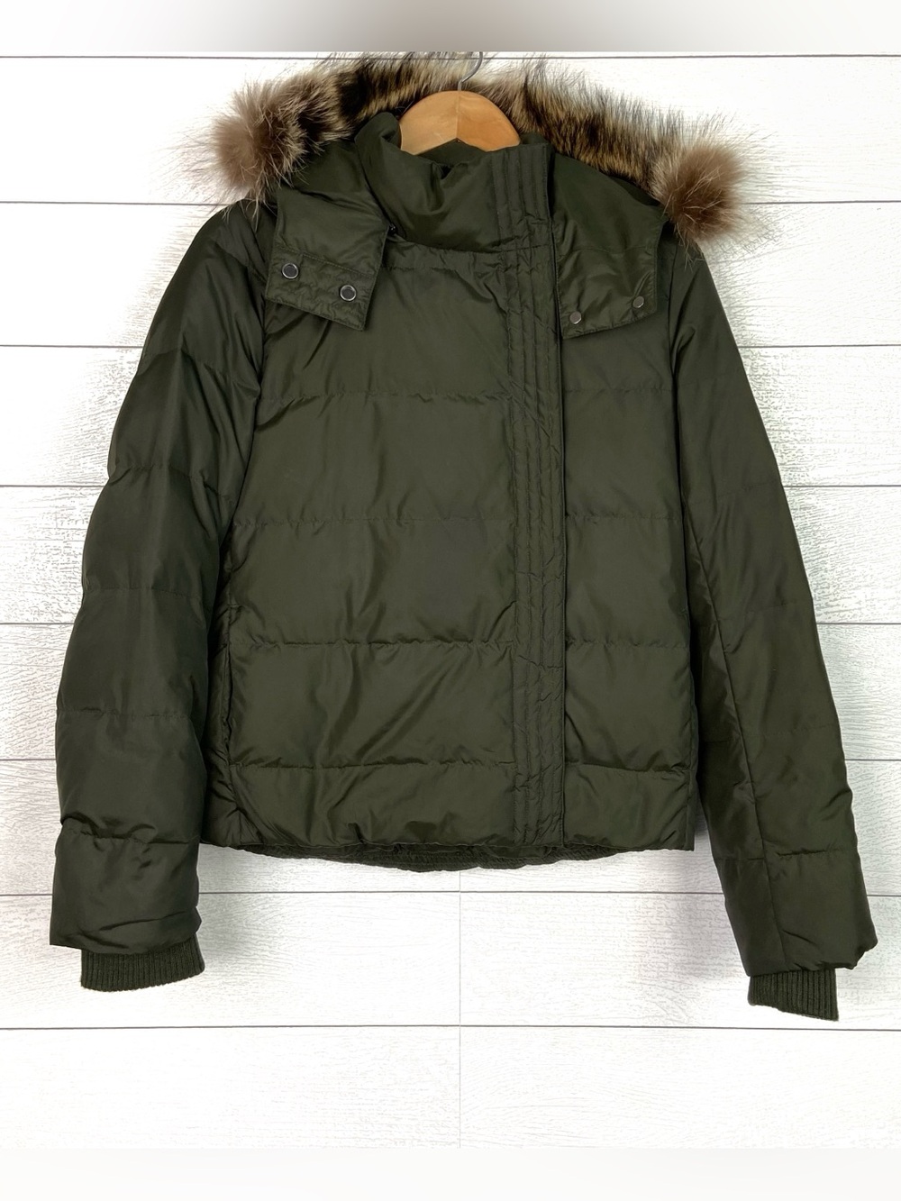 Vince Down Puffer Jacket Waist Raccoon Fur Hood Olive Green Small